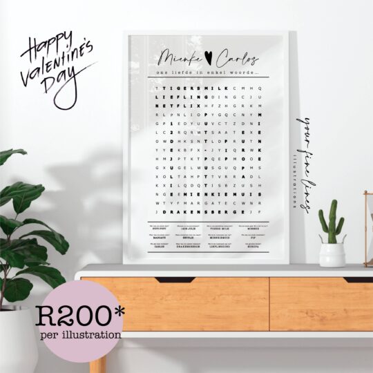 Custom Valentine’s Day word search art print with personalized names, words, and memories in a minimalist design