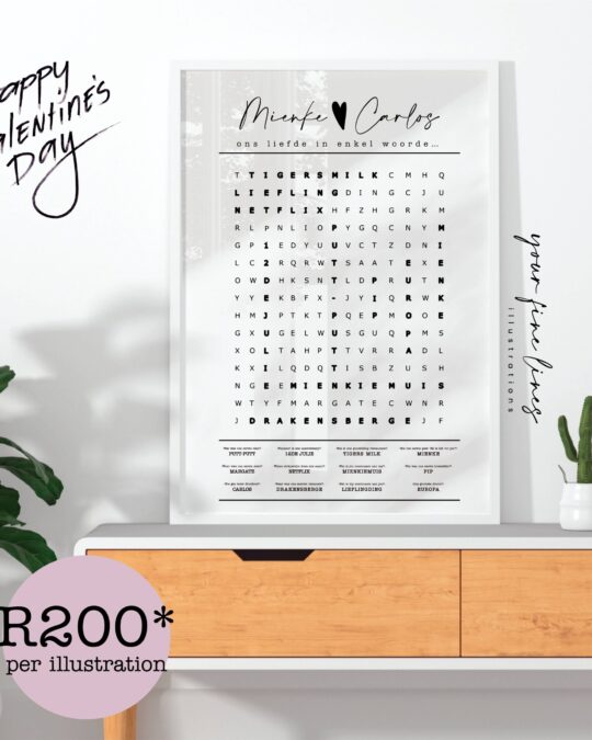 Custom Valentine’s Day word search art print with personalized names, words, and memories in a minimalist design