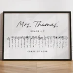 A framed personalized birth flower poster displayed on a wall, perfect as modern classroom decor and thoughtful teacher gift.