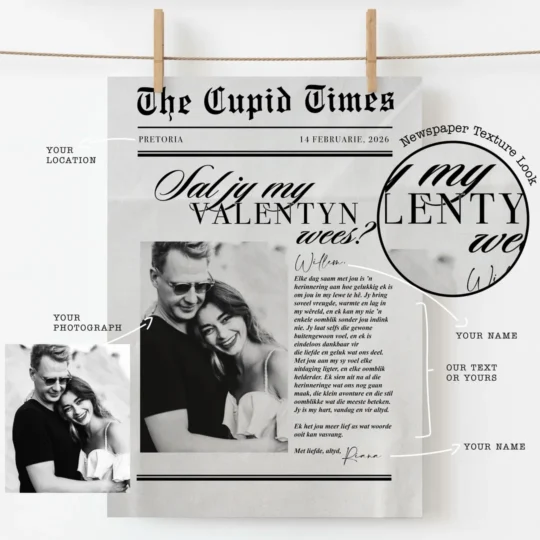 Personalized Valentine’s Newspaper Wall Art – Custom Couple Photo Love Story Print