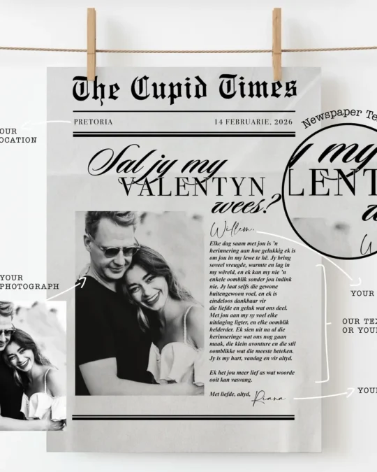 Personalized Valentine’s Newspaper Wall Art – Custom Couple Photo Love Story Print