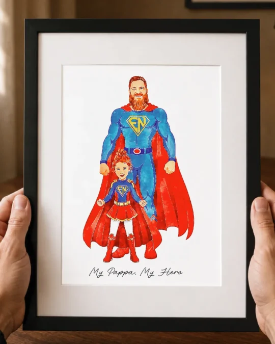 Personalised Superhero Dad illustration with father and child in custom comic book hero style