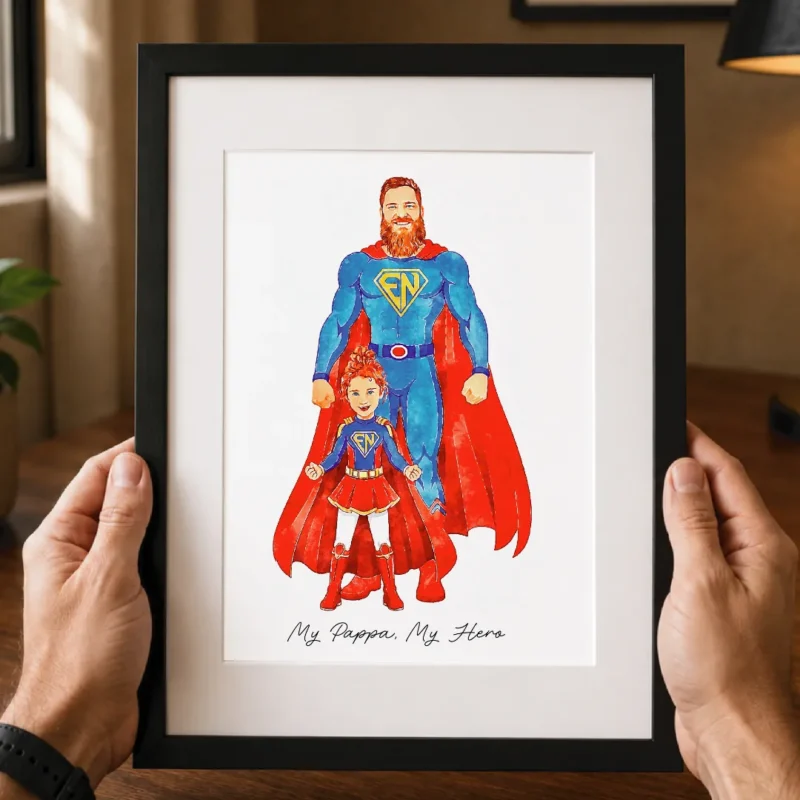 Personalised Superhero Dad illustration with father and child in custom comic book hero style