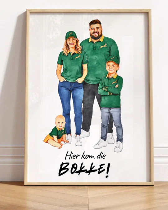 Custom Rugby Family Portrait | Watercolour Springbok Supporter Illustration