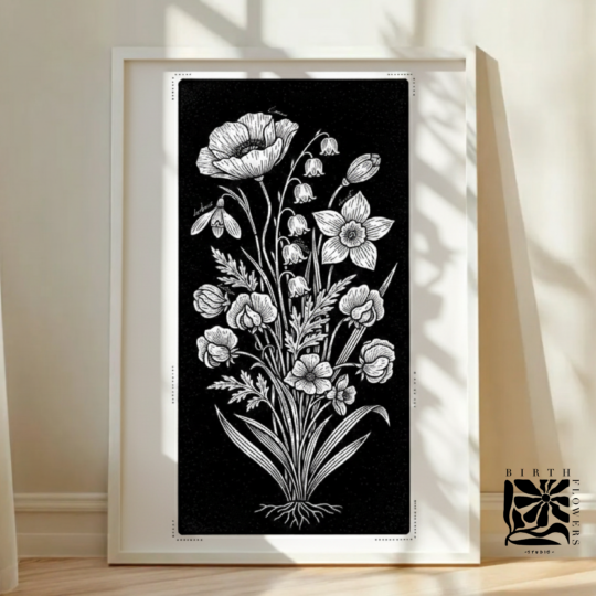 Blocked Ink Birth Flower Poster - A Modern Personalized Minimalist Gift