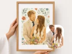 Framed custom wedding couple portrait illustration with floral background and bridal bouquet, personalized gift from photo