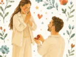 Personalized illustration of a marriage proposal, man kneeling with ring box, custom engagement gift from photo